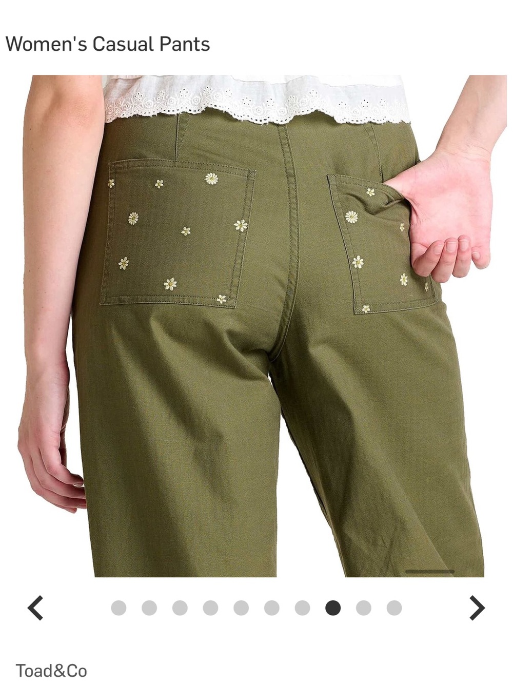 Toad&Co Olive Embroidered Juniper Utility pant in 6 - Picture 3 of 8